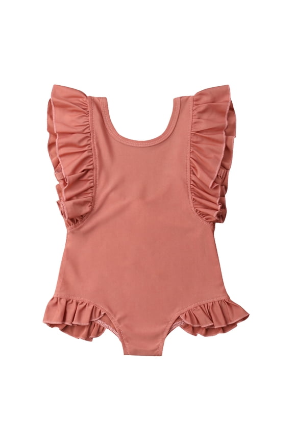Styles I Love Toddler Kid Girl Ruffles Solid Color Scoop Back One-Piece Swimsuit Beach Bathing Pool Party Swimwear, 2 Colors (Presimmon, 130/5-6 Years)