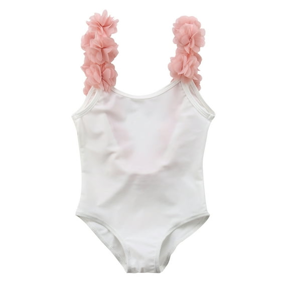 Styles I Love Toddler Kid Girls 3D Flower Straps Backless One-Piece Solid Color Swimsuit Beach Bathing Swimwear, 2 Colors (White, 34/5)