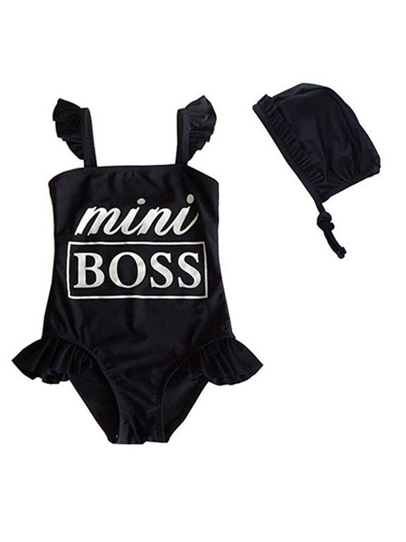 Styles I Love Toddler Kids Girl Cute and Fun One-Piece Swimsuit with Hat 2pcs Set Bathing Pool Beach Swimwear (Mini Boss Black, 2XL/5-6 Years)