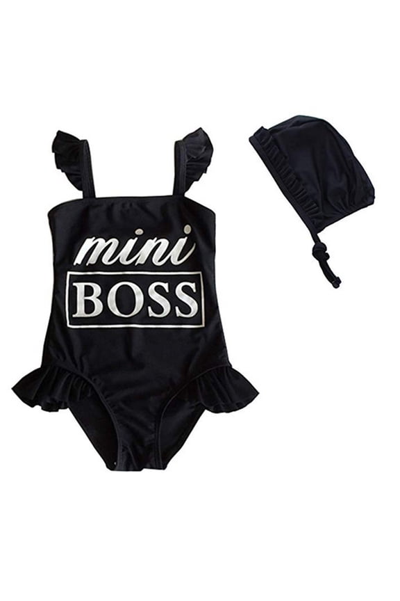 Styles I Love Toddler Kids Girl Cute and Fun One-Piece Swimsuit with Hat 2pcs Set Bathing Pool Beach Swimwear (Mini Boss Black, 2XL/5-6 Years)