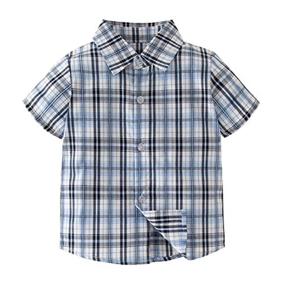 Styles I Love Toddler Little Boys Blue Plaid Short Sleeve Cotton Button Down Shirt for Casual, Formal Event and Special Occasions (110/3-4 Years)