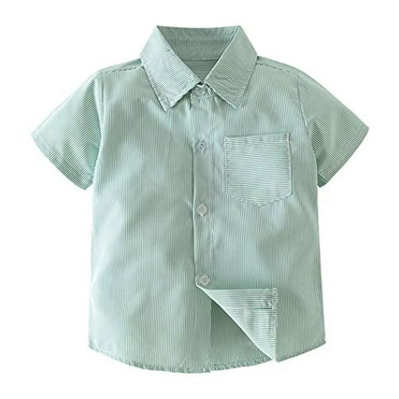 Styles I Love Toddler Little Boys Green Stripe Short Sleeve Cotton Button Down Shirt for Casual, Formal Event and Special Occasions (80/6-12 Months)