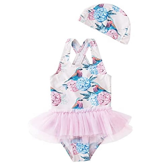 Styles I Love Toddler Little Girls Hydrangea & Bird One-Piece Tulle Swimsuit with Swim Hat 2pcs Set Bathing Suit Beach Swimwear (3T) Pink