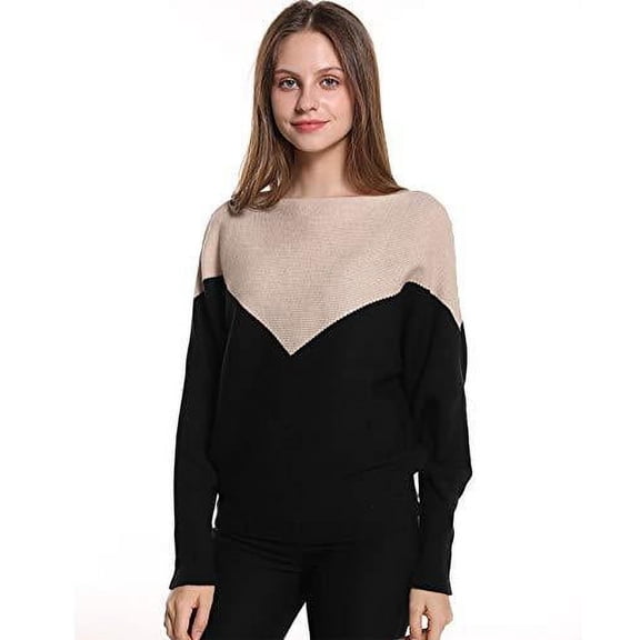 Styles I Love Women Autumn Winter Tow-Tone Boat Neck Batwing Sleeve Pullover Knitted Sweater Long Sleeve Loose Top