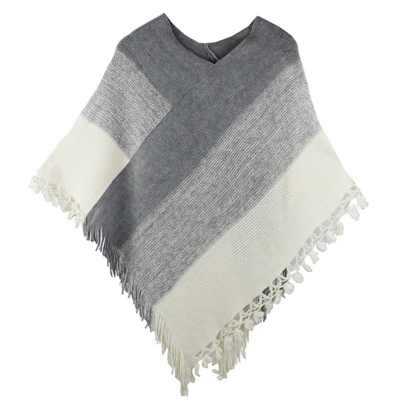 Styles I Love Womens Color Block Fringe Tassel Poncho Sweater Pullover Cardian Wrap Topper for All Seasons (Ivory/Grey)