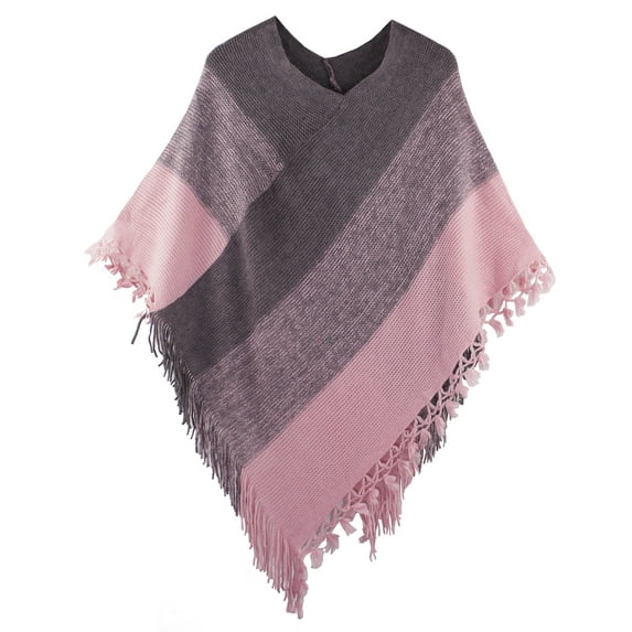 Styles I Love Womens Color Block Fringe Tassel Poncho Sweater Pullover Cardian Wrap Topper for All Seasons (Pink/Purple)