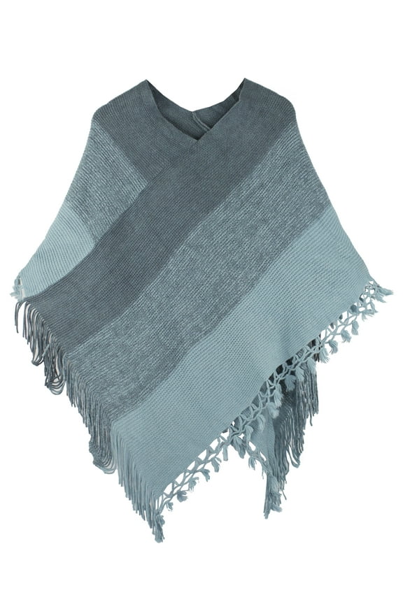 Styles I Love Womens Color Block Fringe Tassel Poncho Sweater Pullover Cardian Wrap Topper for All Seasons (Teal)