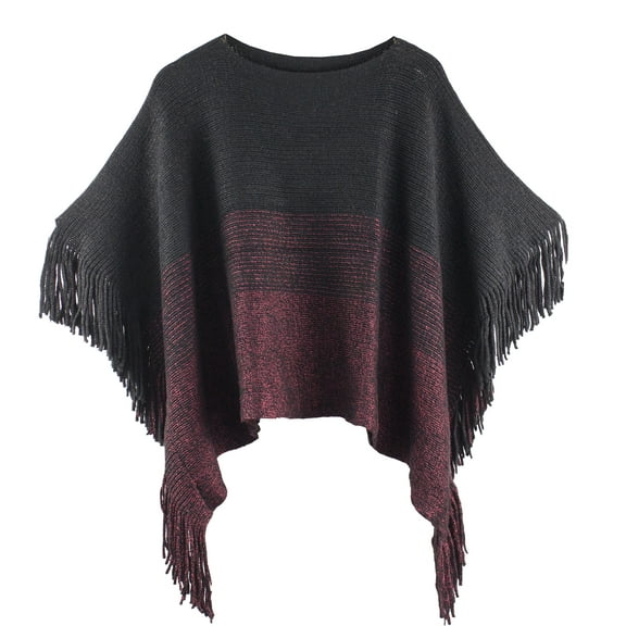 Styles I Love Womens Knit Two Tone Batwing Fringe Poncho Cardigan Pullover Cozy Sweater Wrap Jacket (Black)