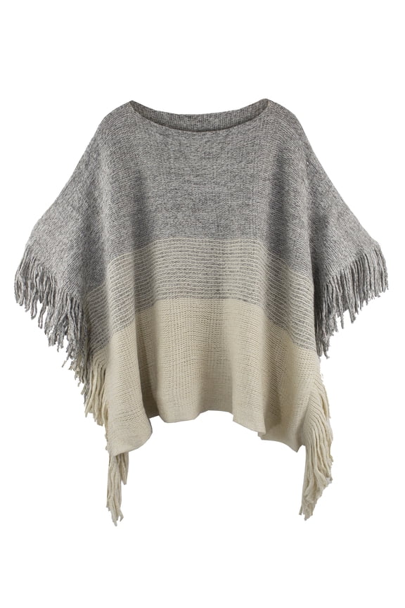 Styles I Love Womens Knit Two Tone Batwing Fringe Poncho Cardigan Pullover Cozy Sweater Wrap Jacket (Ivory)