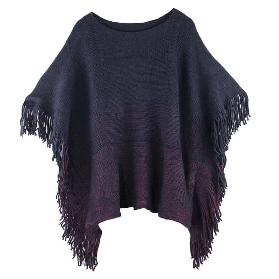 Styles I Love Womens Knit Two Tone Batwing Fringe Poncho Cardigan Pullover Cozy Sweater Wrap Jacket (Navy Blue)