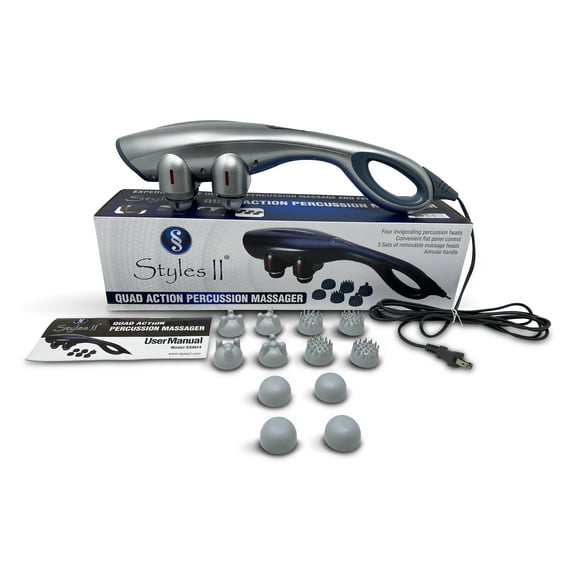Styles II Quad Action Deep Tissue Therapeutic Percussion Body Massager with 3 Set Attachments - Relaxes Muscles, Relief Knots, Pain, Stiffness & Fatigue