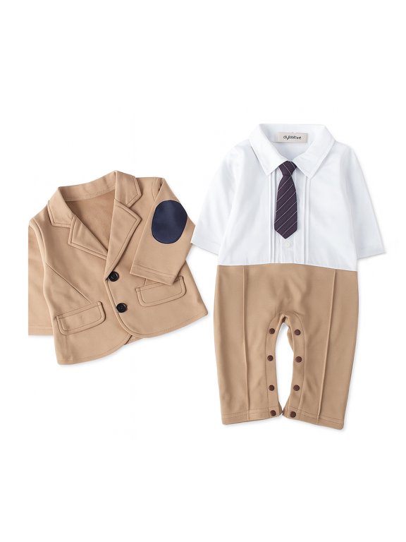 2PC Boy Romper Suit with Elbow Patches Jacket (Khaki, 18-24 months/90)