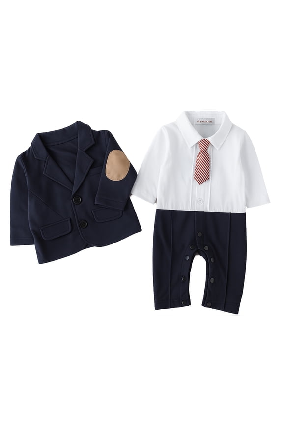 2PC Boy Romper Suit with Elbow Patches Jacket (Navy Blue, 12-18 months/80)