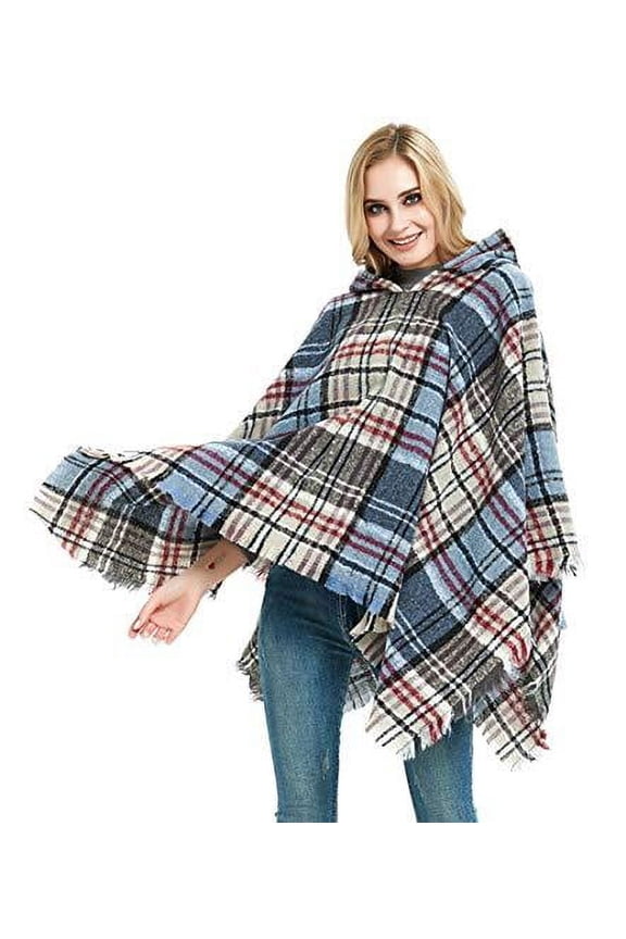 Autumn Winter Women Blue Plaid Fringed Hooded Poncho Cardigan Cozy Wrap Jacket
