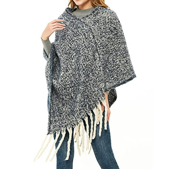 StylesILove Autumn Winter Women Solid Knitted V-Neck Pullover Fringe Poncho Sweater Lightweight Cape Cozy Wrap Tassel Shawl (Black)