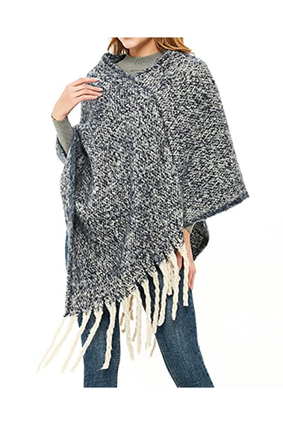 Autumn Winter Women Solid Knitted V-Neck Pullover Fringe Poncho Sweater Lightweight Cape Cozy Wrap Tassel Shawl (Black)