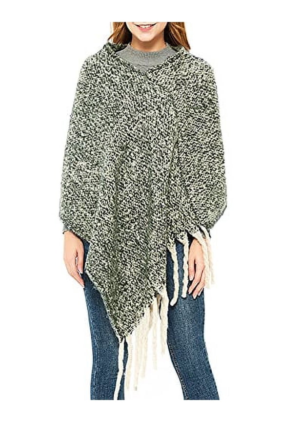 Autumn Winter Women Solid Knitted V-Neck Pullover Fringe Poncho Sweater Lightweight Cape Cozy Wrap Tassel Shawl (Olive)