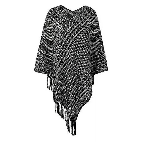 StylesILove Autumn Winter Women Striped Knitted V-Neck Fringe Poncho Pullover Sweater Lightweight Cape Cozy Wrap Tassel Shawl (Black)