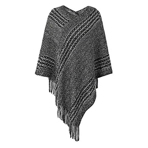 StylesILove Autumn Winter Women Striped Knitted V-Neck Fringe Poncho Pullover Sweater Lightweight Cape Cozy Wrap Tassel Shawl (Black)