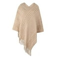 thumbnail image 1 of StylesILove Autumn Winter Women Striped Knitted V-Neck Fringe Poncho Pullover Sweater Lightweight Cape Cozy Wrap Tassel Shawl (Khaki), 1 of 6