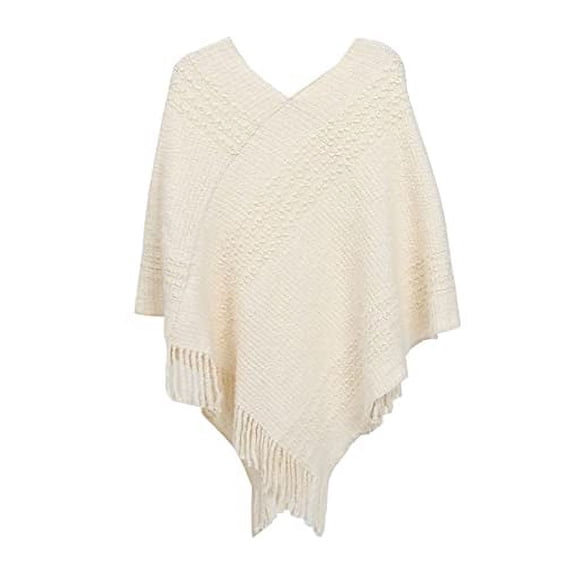 StylesILove Autumn Winter Women Striped Knitted V-Neck Fringe Poncho Pullover Sweater Lightweight Cape Cozy Wrap Tassel Shawl (White)