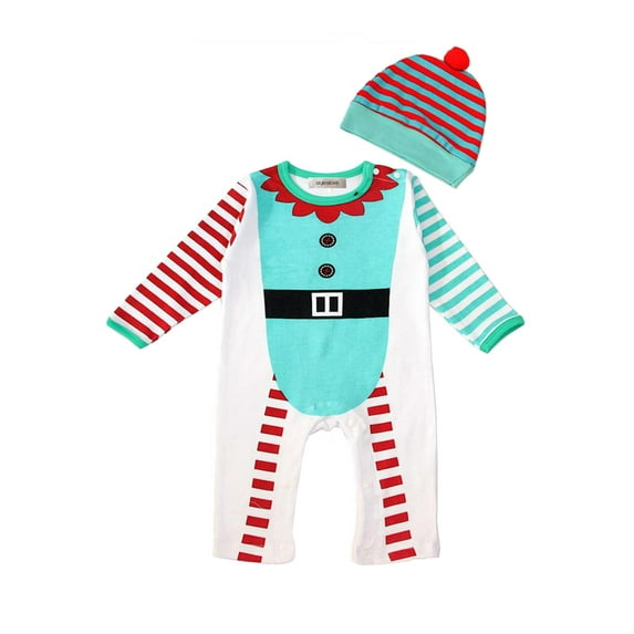 StylesILove Baby Boy Elf Long Sleeve Cotton Romper with Hat 2 pcs Holiday Outfit Set (90/12-18 Months)