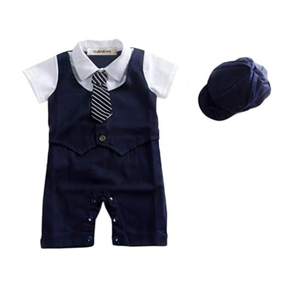 StylesILove Baby Boy Formal Wear Romper and Hat 2-Piece Outfit for Wedding, Birthday, Holiday and Special Occasion (Navy Blue (with tie), 95/18-24 Months)