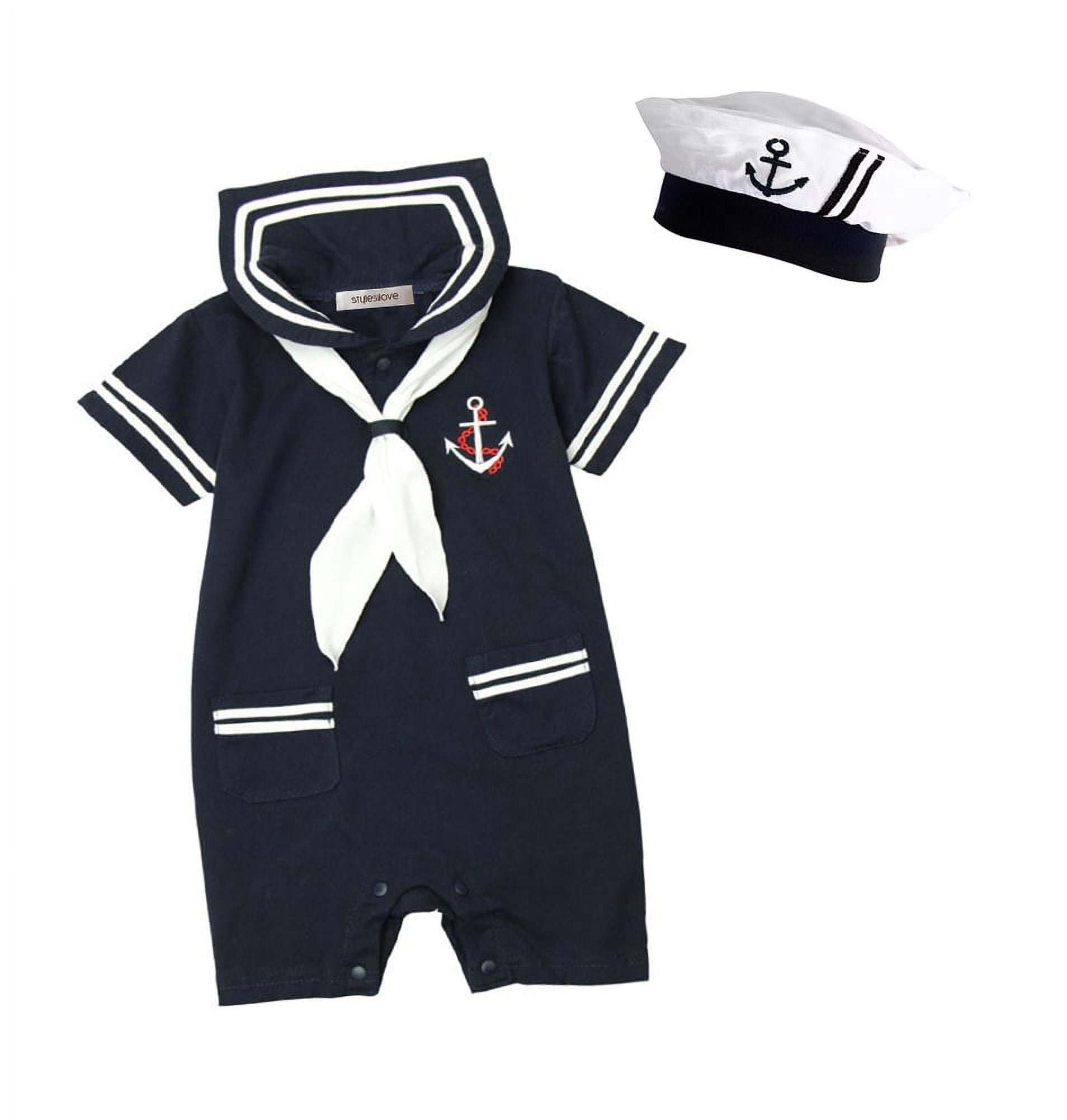 StylesILove Baby Boy Marine Sailor Costume Short Sleeve Romper Onesie with Hat 2 pcs Set (Navy Blue, 80/6-12 Months)