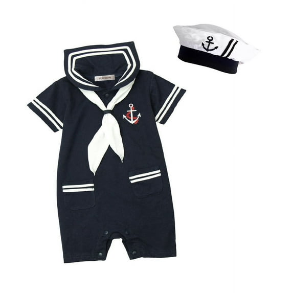 StylesILove Baby Boy Marine Sailor Costume Short Sleeve Romper Onesie with Hat 2 pcs Set (Navy Blue, 80/6-12 Months)
