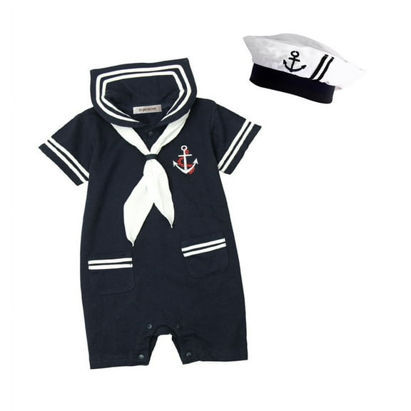 StylesILove Baby Boy Marine Sailor Costume Short Sleeve Romper Onesie with Hat 2 pcs Set (Navy Blue, 80/6-12 Months)