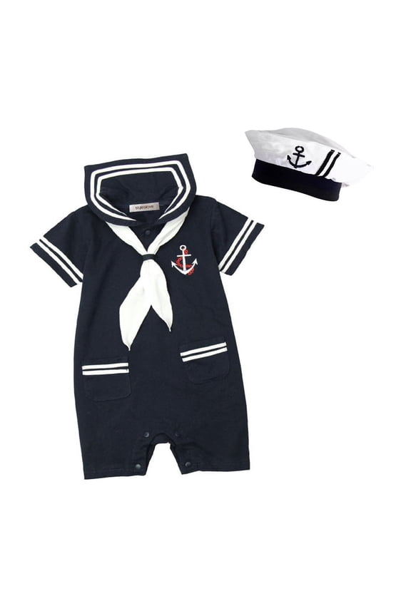 Baby Boy Marine Sailor Costume Short Sleeve Romper Onesie with Hat 2 pcs Set (Navy Blue, 90/12-18 Months)