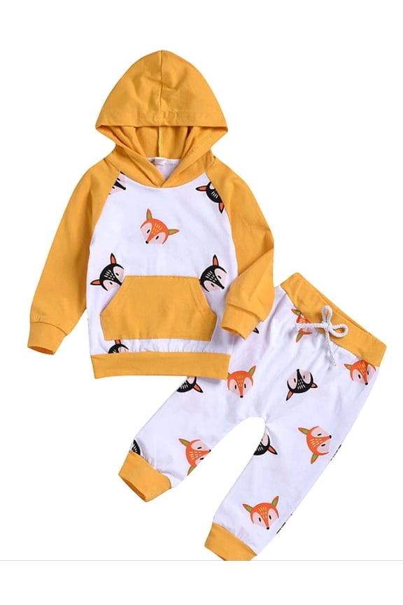 Baby Boy and Girl Fox Print Pullover Hoodie and Pants 2pcs Cotton Outfit Unisex (120/2-3 Years)