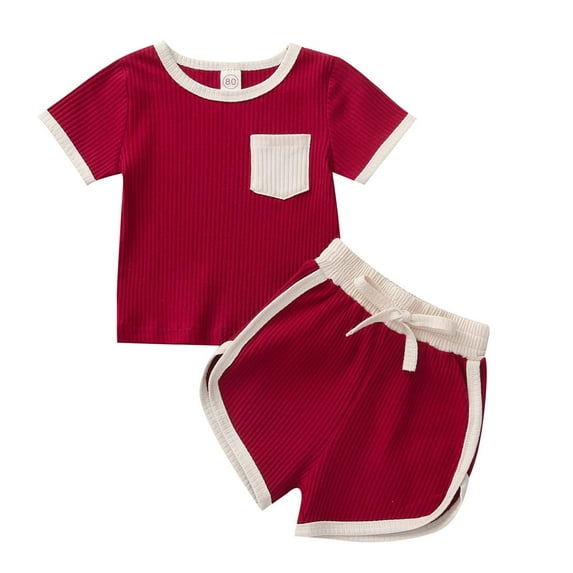 StylesILove Baby Boys Girls Contrast Binding Solid Top & Shorts 2pcs Unisex Toddler Ribbed Short Sleeve Cotton Summer Outfit (Red, 12 Months)
