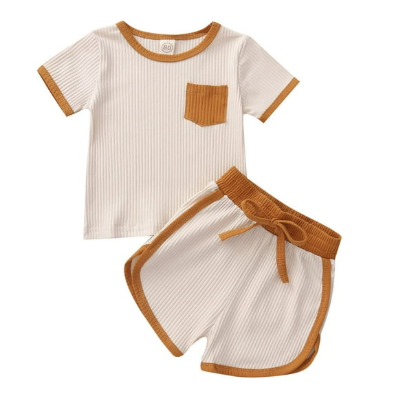 StylesILove Baby Boys Girls Contrast Binding Solid Top & Shorts 2pcs Unisex Toddler Ribbed Short Sleeve Cotton Sumner Outfit (Ivory, 12 Months)