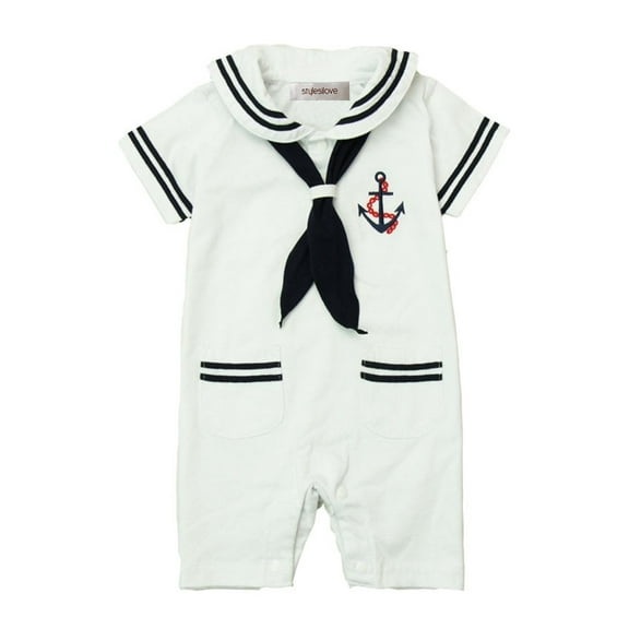 StylesILove Baby Boys Marine Sailor Short Sleeve Cotton Romper Onesie with Necktie 2pcs Holiday Outfit (White, 6 Months)