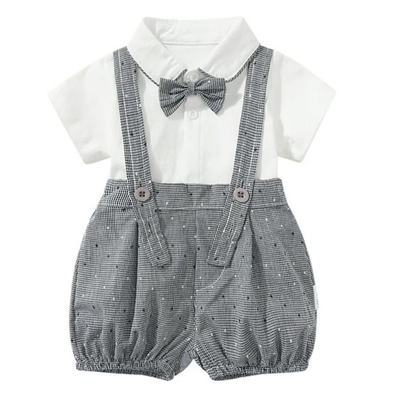 StylesILove Baby Boys Short Sleeve Collared Bodysuit and Suspender Shorts, Bowtie 3pcs Gentleman Set Cotton Overalls Outfit (12 Months)