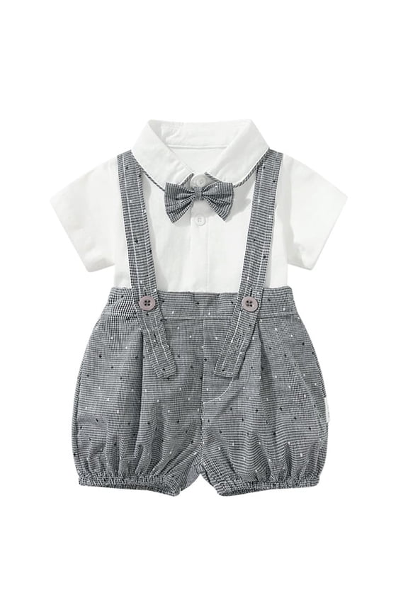 Baby Boys Short Sleeve Collared Bodysuit and Suspender Shorts, Bowtie 3pcs Gentleman Set Cotton Overalls Outfit (12 Months)