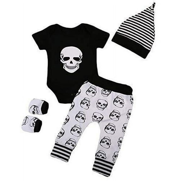 StylesILove Baby Boys Skull Print Black 4pcs Cotton Halloween Outfit ( 0-3 Months)