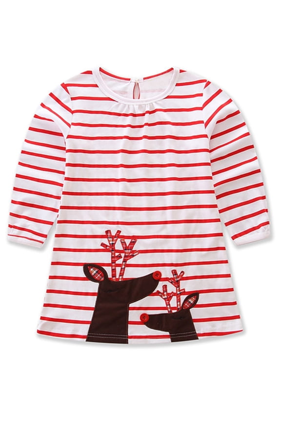 Baby Girl Christmas Holiday Striped Print Reindeer Cotton Long Sleeve Dress (100/18-24 Months)