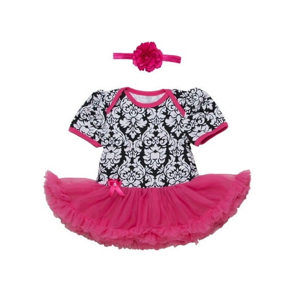 StylesILove Baby Girl Flower Print Short Sleeve Romper Tutu Dress with Matching Headband 2 pcs Set (70/3-6 Months, Black)