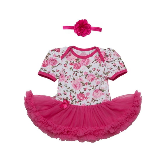 StylesILove Baby Girl Flower Print Short Sleeve Romper Tutu Dress with Matching Headband 2 pcs Set (70/3-6 Months, Fuchsia)
