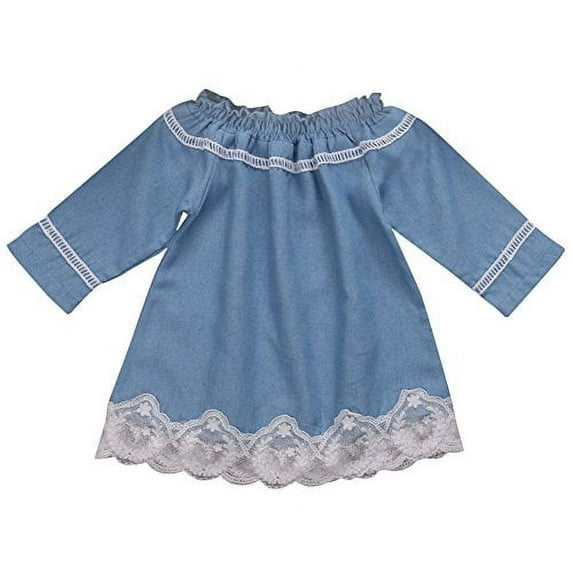 StylesILove Baby Girl Off-Shoulder Lace Denim Cotton Casual Mini Dress (110/3-4 Years) Blue