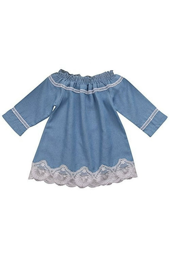 Baby Girl Off-Shoulder Lace Denim Cotton Casual Mini Dress (90/18-24 Months) Blue