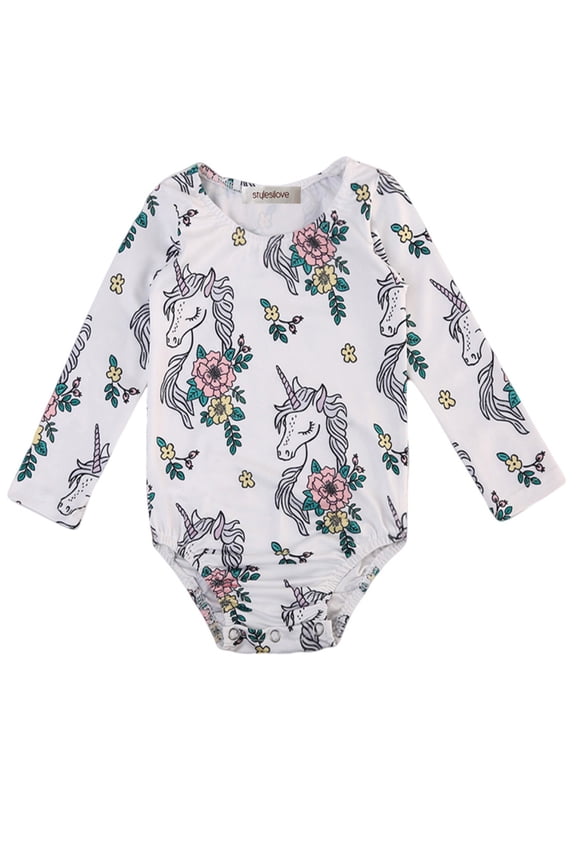 Baby Girl Unicorn Printed Long Sleeve Romper Playsuit Outfit (70/3-6 Months, White)