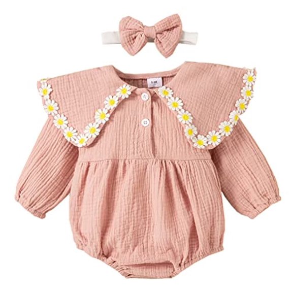 StylesILove Baby Girls 3D Daisy Collar Long Sleeve Gauze Cotton Romper & Headband 2pcs Fall Winter Jumpsuit Outfit (Pink, 3 Months)