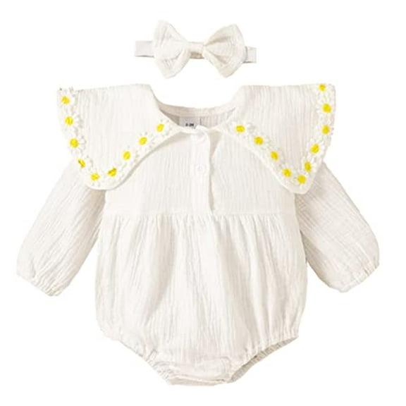 StylesILove Baby Girls 3D Daisy Collar Long Sleeve Gauze Cotton Romper & Headband 2pcs Fall Winter Jumpsuit Outfit (White, 12 Months)