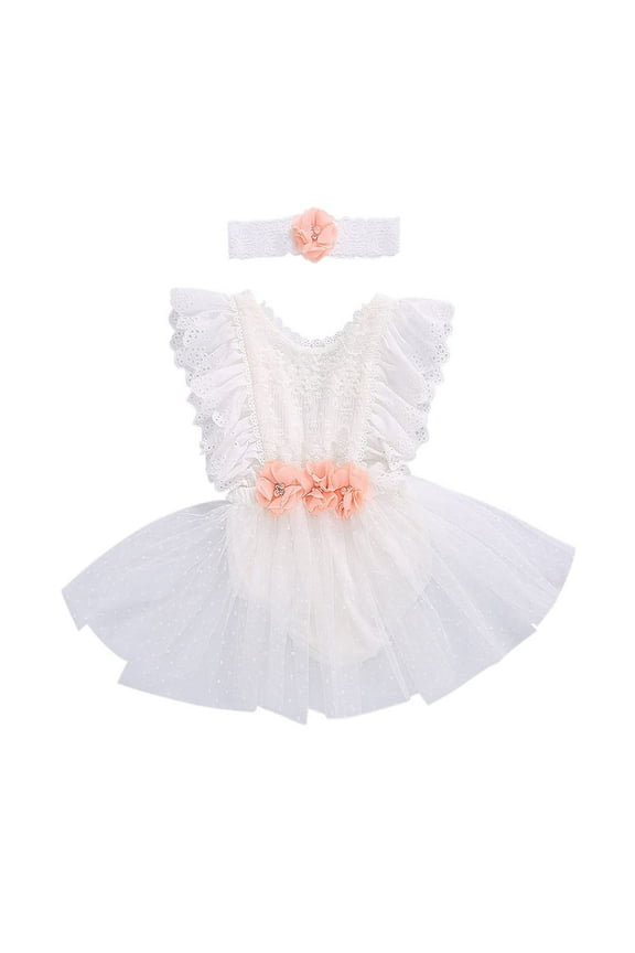 Baby Girls Elegant White Lace Eyelet Romper with Peach Flower & Matching Headband 2pcs Flower Girl Tutu Dress Outfit (12 Months)