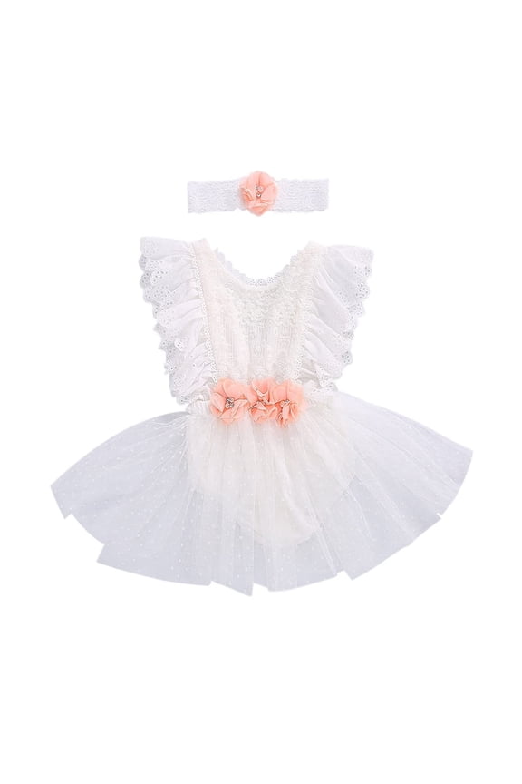 Baby Girls Elegant White Lace Eyelet Romper with Peach Flower & Matching Headband 2pcs Flower Girl Tutu Dress Outfit (24 Months)