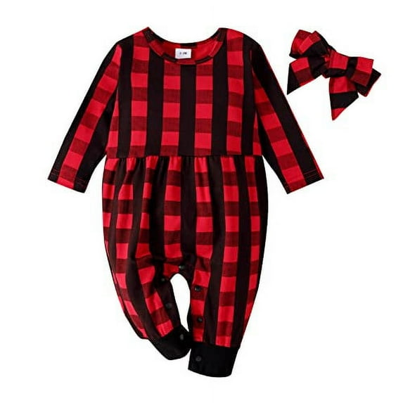 StylesILove Baby Girls Holiday Buffalo Plaid Long Sleeve Loose Cotton Romper & Headband 2pcs Fall Winter Christmas Jumpsuit Outfit (6-9 Months)