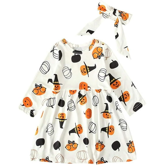 StylesILove Baby Girls Witch Pumpkin Print Long Sleeve Cotton White Dress and Headband 2pcs Halloween Outfit